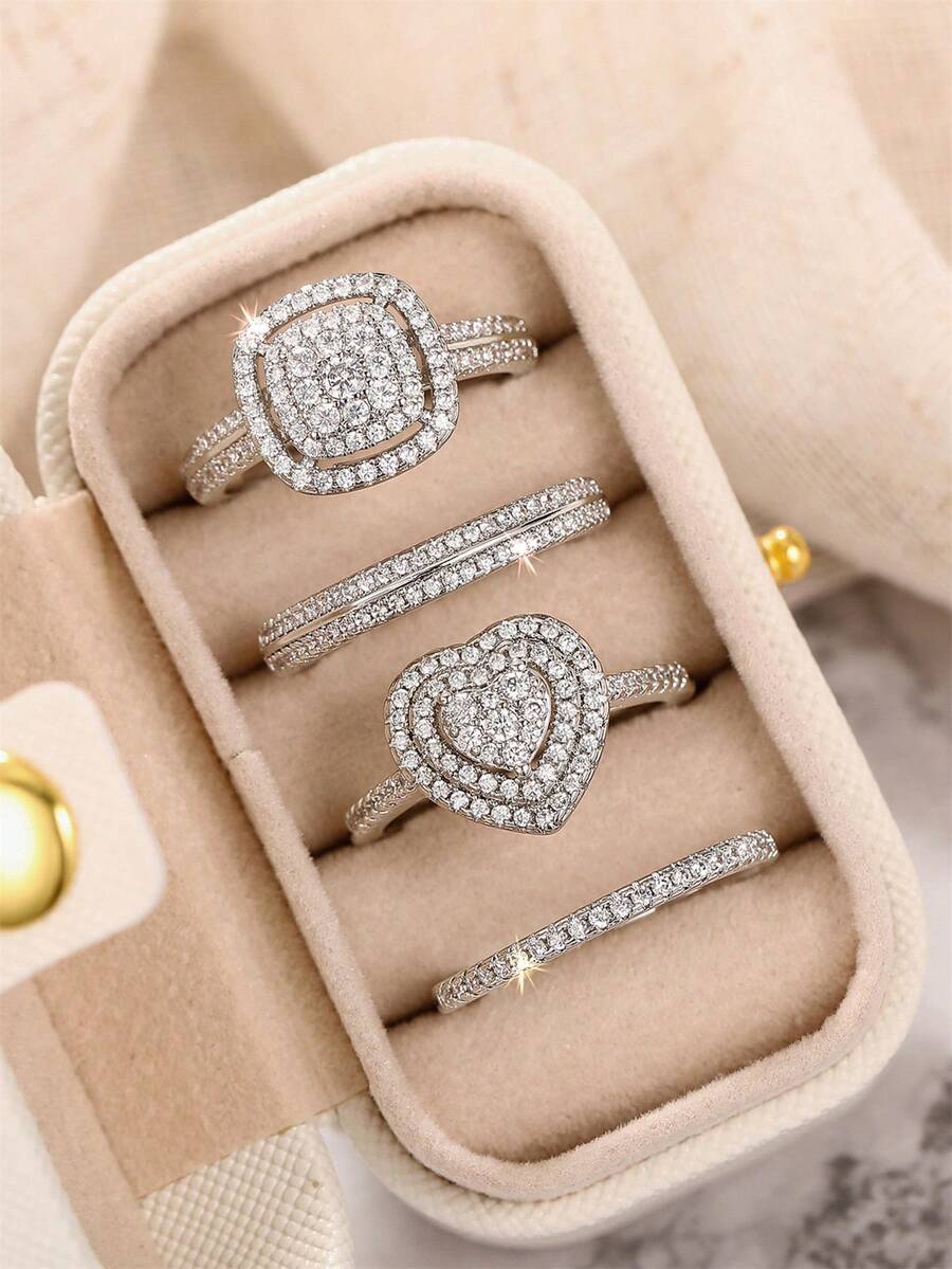 4 Pcs Gorgeous Cubic Zirconia Rings With Box For Women For Wedding Engagement Anniversary Party Jewelry Valentine's Day Gift - 1# - View 1