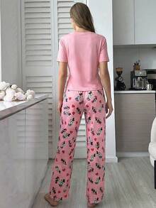 Disney 2 piezas Conjunto de pijama para el Día de San Valentín para mujer, top de manga corta y pantalón largo, conjunto de ropa de estar cómoda y suave, perfecto para relajarse en casa - Rosa Pálido - Ver 7