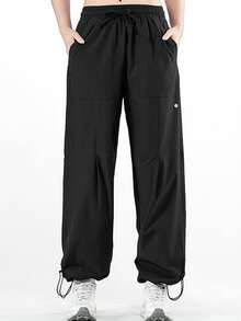 女士速干徒步裤，冰丝阔腿裤，可调节裤脚和抽绳腰带，弹力工装裤，适合露营 - 黑色 - 查看 4