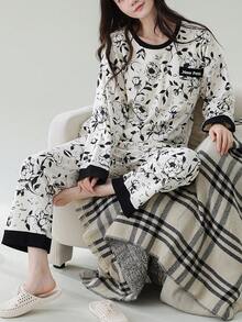 女士圆领睡衣两件套，长袖上衣和长裤，柔软舒适，适合春秋季穿着 - 黑色 - 查看 4