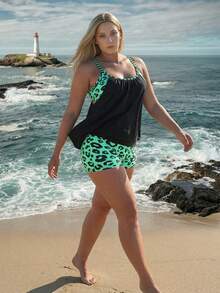 Plus Size Round Neck Backless Leopard Print Two-Piece Tankini Swimsuit Set For Women. - 彩色 - 查看 3
