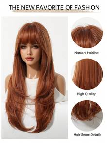 Synthetic Wig Long Wavy Brown Wig For Women Daily Use Synthetic Hair Wigs With Bangs Heat Resistant 28Inches - Burnt Orange - View 8