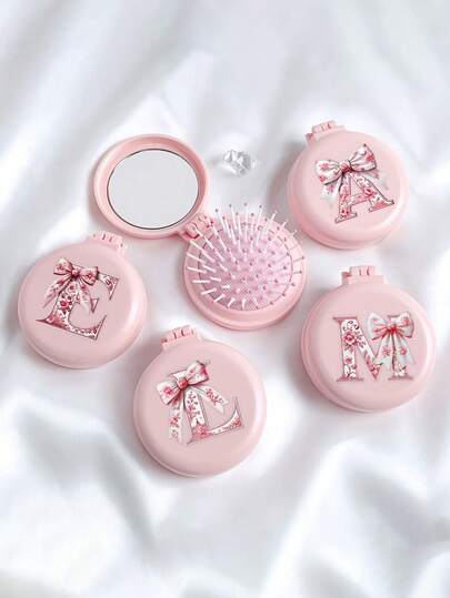 Pink Bow 26 Letter Round Folding Comb With Mirror, Portable Compact 2-In-1 Makeup Mirror Comb, Mini Foldable Air Cushion Massage Comb For Women ,Girls, Mom, Suitable For Wedding, Travel, Camping, Office, Business Trips, Sports, Outdoor, Performances, Brush Hair, Multi-Function, Back To School, Mother's Day Gift, Travel Essuential, Easter Gifts, Accessories Women
