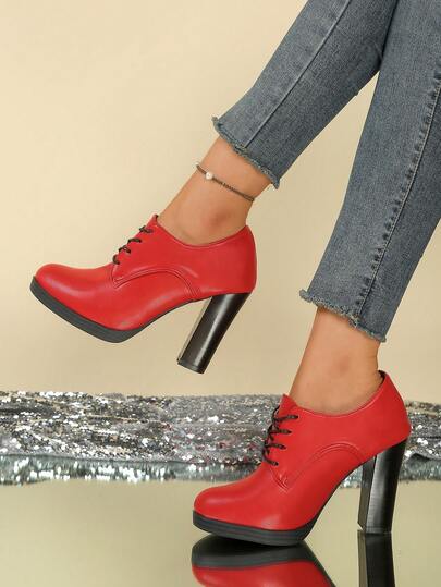 New Arrival Casual Fashionable High-End Elegant Retro Minimalist Exquisite Black Lace-Up Thick Heel Women's High Heels, Western Style PU Leather Lace-Up Party Shoes