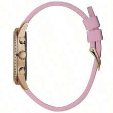 Guess Reloj de cuarzo con función multiusos, esfera de cristal rosa, correa de goma, alimentado por energía solar, con calendario de mes/día, adecuado para uso diario, atuendo de fiesta, regalo de estilo - Rosa - Ver 4
