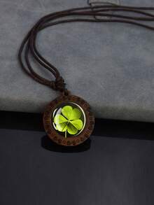 1PC Lucky Clover Pattern Wooden Pendant Necklace, With Dome Glass Inlay And Rope Chain, Suitable For Daily Matching Or Holiday Gifts. - Brown - View 4