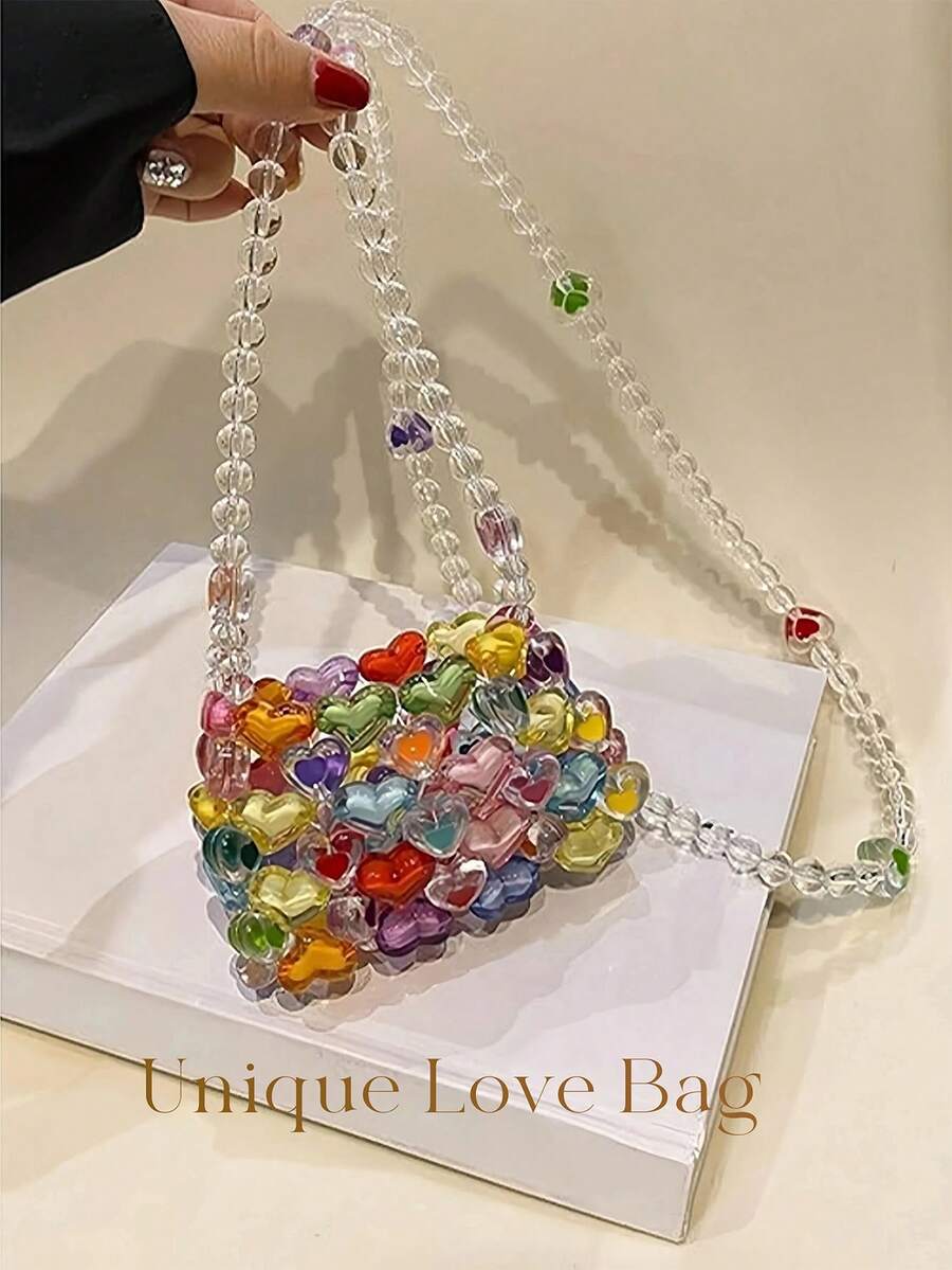New Mini Cute Acrylic Crossbody Bag Colorful Beaded Handbag, Colorful Purse For Women,Valentine's Day Gift Colorful Beaded Heart Bag For Women Y2K Aesthetic Handmade Love Shaped Crossbody Purse Sparkly Transparent Chain Shoulder Bag Fashion Party Mini Bead Bag - 彩色 - 查看 1