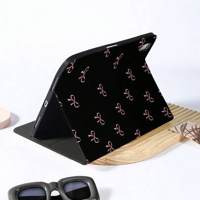 1pc Sweet Pink Bow On Black Book-Style Stand Protective Tablet Case - Ideal For Cute Feminine & Edgy Style Enthusiasts Compatible With Air 6/5/4 &10 (10.9 Inch) - Compatible With Pro 2024,Air M3/A16 2025, Compatible With Samsung For Galaxy Tab S9 FE/S8 Plus/S7/S10 - Ideal For Work, Travel, And Home Relaxation,Compatible With Samsung Pad,Compatible With Xiaomi Pad