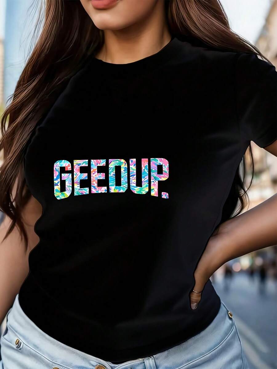 Geedup Women's Plus Size 1 Pcs T-Shirt Funny Oversized Graphic Short Sleeve Tee Novelty 100% Cotton Shirt Casual Crew Neck Top 220g - 黑色 - 查看 1