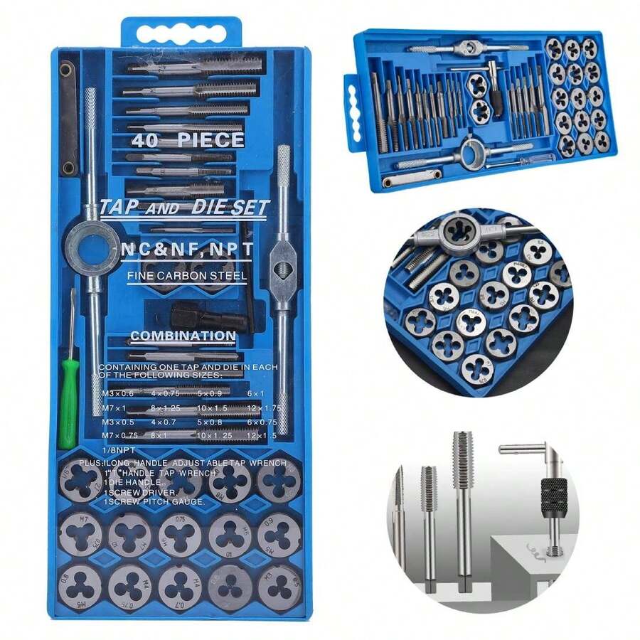 Juego de 40 Piezas Machuelos y Tarrajas Métricos M3-M12, Juego de Roscado Manual para Herramientas de Mecanizado y Ferretería - 40 piezas - Ver 1