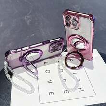 New Phone 17 Four Corner Anti Drop Case+Sparkling Pink Paper Pearl Hanging Rope Sparkling Pink Circular Makeup Mirror Magnetic Bracket Integrated Phone Case Compatible With IPhone 17 Pro 16 Pro Max Air Compatible With Samsung Galaxy S25/S25Plus/S25Ultra A07 A17 XM HW  A5 - 紫色 - 查看 5