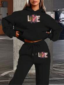 Conjunto de Sudadera con Capucha y Pantalones Deportivos para Mujer Estilo Casual Moda Primavera Verano Invierno Otoño Diseño LOVE Corazones Rayas Animales Letras Colorido Suave Cómodo Transpirable pa - Negro - Ver 1