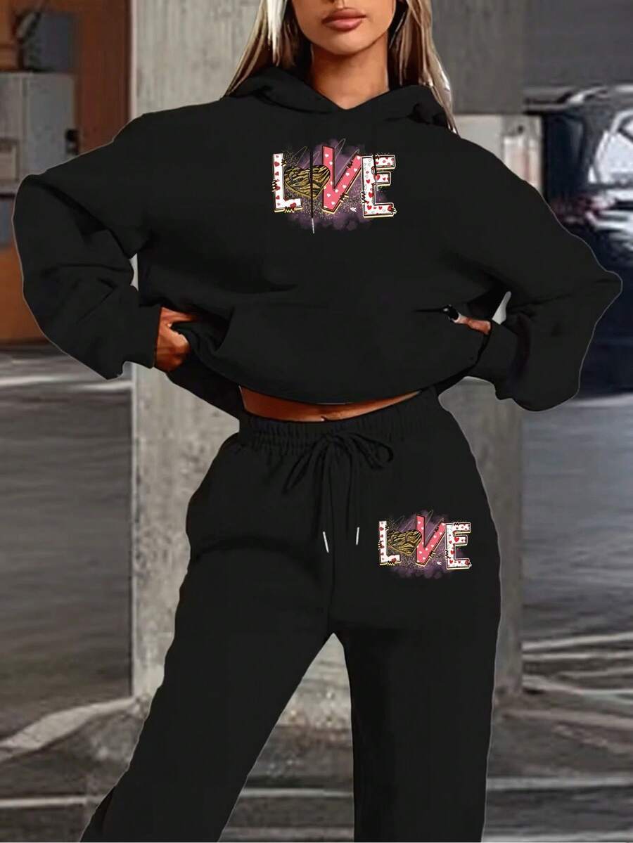 Conjunto de Sudadera con Capucha y Pantalones Deportivos para Mujer Estilo Casual Moda Primavera Verano Invierno Otoño Diseño LOVE Corazones Rayas Animales Letras Colorido Suave Cómodo Transpirable pa - Negro - Ver 1