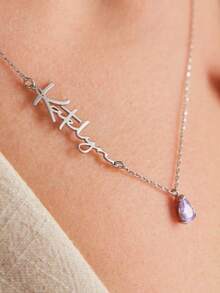 1 Personalized Handmade Birthstone Pendant Necklace With Side Engraved Name Design, Full Of Love, Is A Great Valentine's Day Gift For Loved Ones - Multicolor - View 2