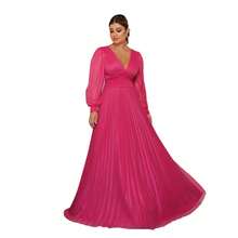 Elegant Women's Long Dress With Long Sleeves And Pleats, Suitable For Bridesmaids, Bridesmaids, Mothers Of The Bride, Groomsmen, Weddings, Graduations, And Evangelical Fashion. - 玫紅色 - 查看 2