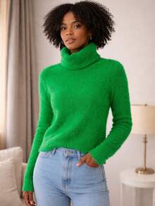 Furry Spotted Turtleneck Rabbit Wool Blouse – Soft, Elegant And Comfortable Rabbit Wool Turtleneck Blouse | Sophistication And Comfort - Green - View 1