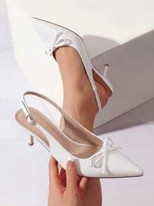 Women's Slingback Kitten Heel Pumps, Pointed Toe With Bow, 2.17" Low Heel – Comfortable Dress Shoes For All-Day Wear - White - View 4