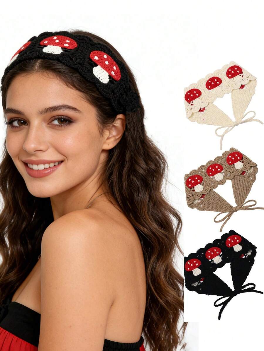 3pcs Cute & Fun Women Headbands, Crochet Knitted Mushroom Headwraps - Multicolor - View 1