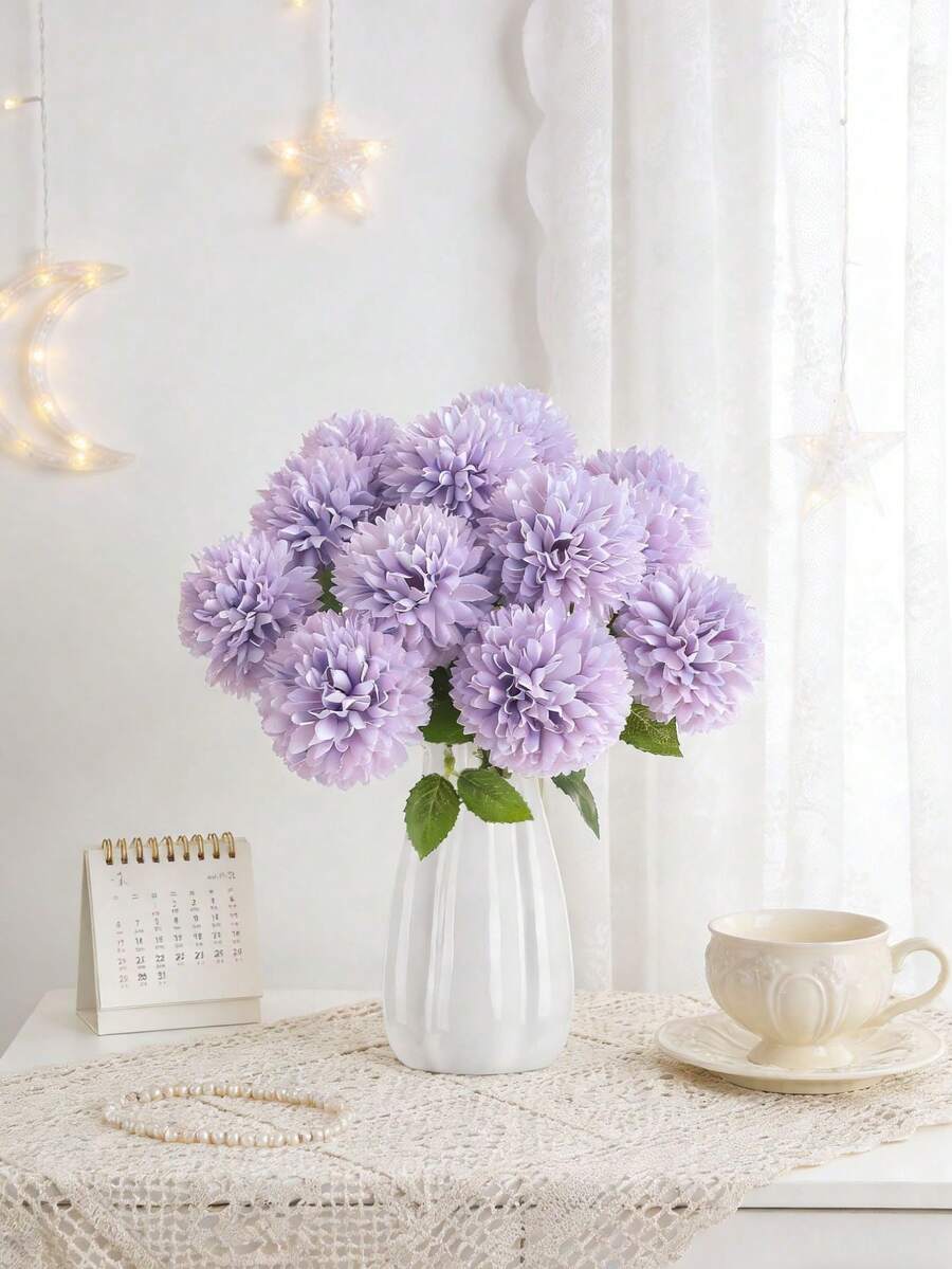 3/120支人造菊花、蒲公英和绣球花束,适合作为礼物送给朋友、新娘,也可用于婚礼装饰、家居/办公室/咖啡馆/派对装饰。 - 紫色 - 查看 1