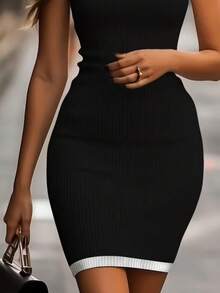 Woman  Ribbed Contrast Trim Mini Dress – Short Sleeve Elegant Casual Style - Black - View 2
