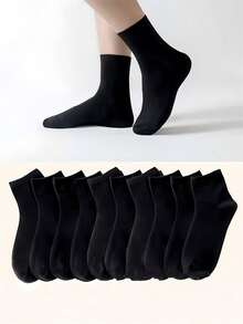 10pairs Women's Solid Color Comfortable And Warm Mid-Calf Socks For Daily Wear, Fall - Black - View 4