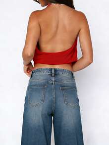 Women's Halter Top Summer Casual Solid Color Wrap Fitted Waist Backless Slim Fit Top - 紅色 - 查看 3