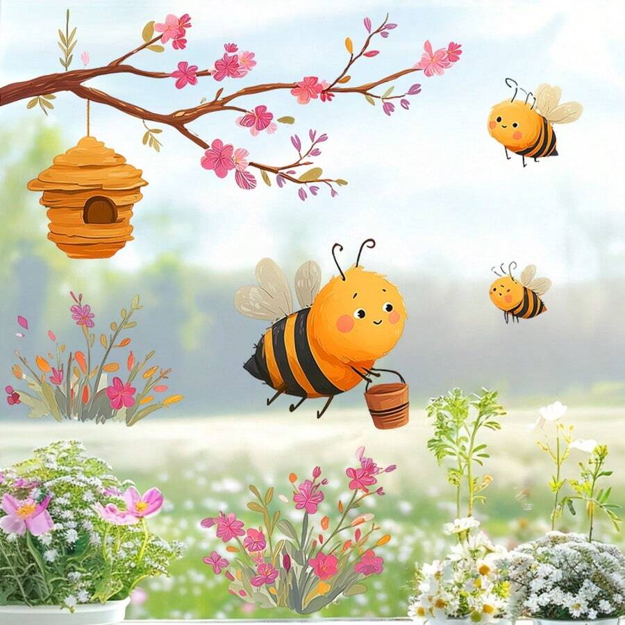 Spring Summer Branch Bee Decoration Window Stickers, With Small Bee Honey Jar Flowers And Branch Flowers Pattern Design Window Decals, Self-Adhesive Removable PVC Stickers, Single Use, For Home Living Room Bedroom Wall Window Decor - A - View 1