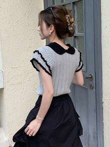 Y6Y- Spring New French Design Wavy Collar Ribbed Knit Sweater T-Shirt For Women - Grey - View 2