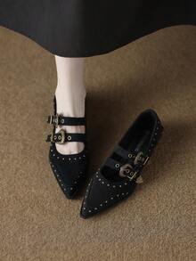 2026春季新款时尚办公室高跟休闲复古女鞋，纯色卡其色/黑色/棕色尖头粗跟，金属铆钉装饰，欧式鞋款，适合搭配阔腿连衣裙和通勤穿着，优雅大方。 - 黑色 - 查看 3