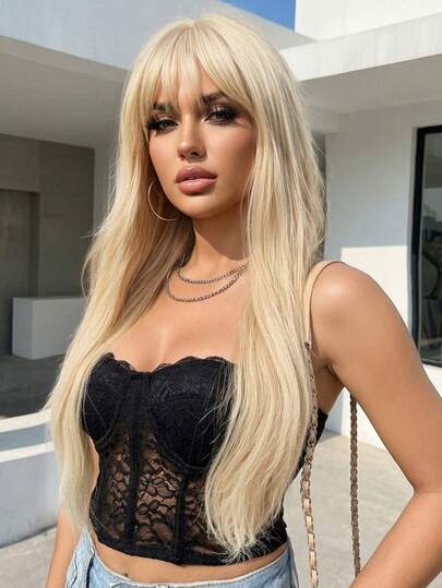 26inch Gold Long Straight Hair Wig With Bangs Synthetic Woven Chemical Fiber Wig Women's Fashion Wig Suitable For Friends Holiday Parties Family Parties Cosplay Vacation Everyday Use Wear