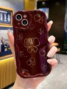 蝴蝶图案奶油色波浪边酒红色简约防震加厚手机保护壳，带印花，兼容 17/17 Pro/17 Pro Max、16 XR/7/8、15 Pro Max、12 Pro Max、13 Pro Max、14 Pro Max、13、14、11、12P、14、P11 软壳、P12 防震、XS、XR、7/8P、7/8 GES2 - 彩色 - 查看 3