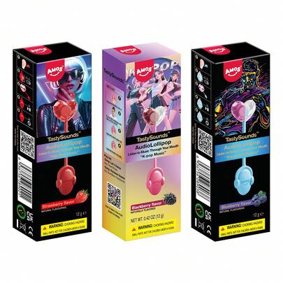 AMOS TastySounds Sugar Free Natural Fruit (Strawberry&Blueberry&Black-Berry) Flavor Music Lollipop Candy - Individually Wrapped Perfect Party Gift