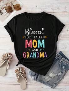 Mother's Day  To Be Called MOM  Grandma Women's TShirt  Colorful Geometric Letter Print Casual Round Neck Short Sleeve Top, Machine Washable Spring Summer Vacation Tee, Mothers Day Gift - 黑色 - 查看 1