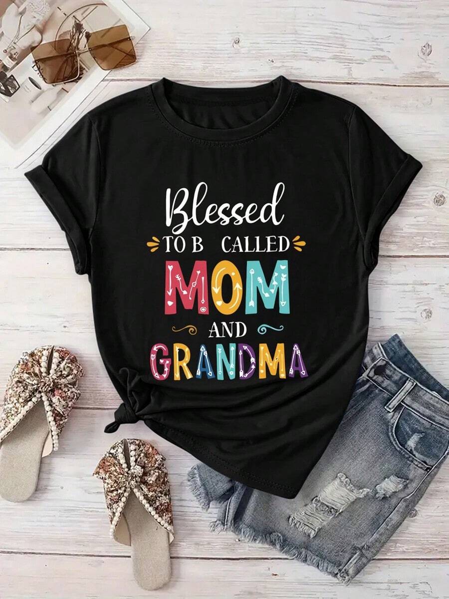 Mother's Day  To Be Called MOM  Grandma Women's TShirt  Colorful Geometric Letter Print Casual Round Neck Short Sleeve Top, Machine Washable Spring Summer Vacation Tee, Mothers Day Gift - 黑色 - 查看 1