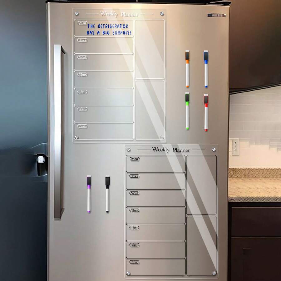 1 Set Magnetic Transparent Acrylic Weekly Planner Whiteboard, Erasable Magnetic Fridge Sticker Memo Board (Comes With 6 Random Color Whiteboard Markers) - I - View 1