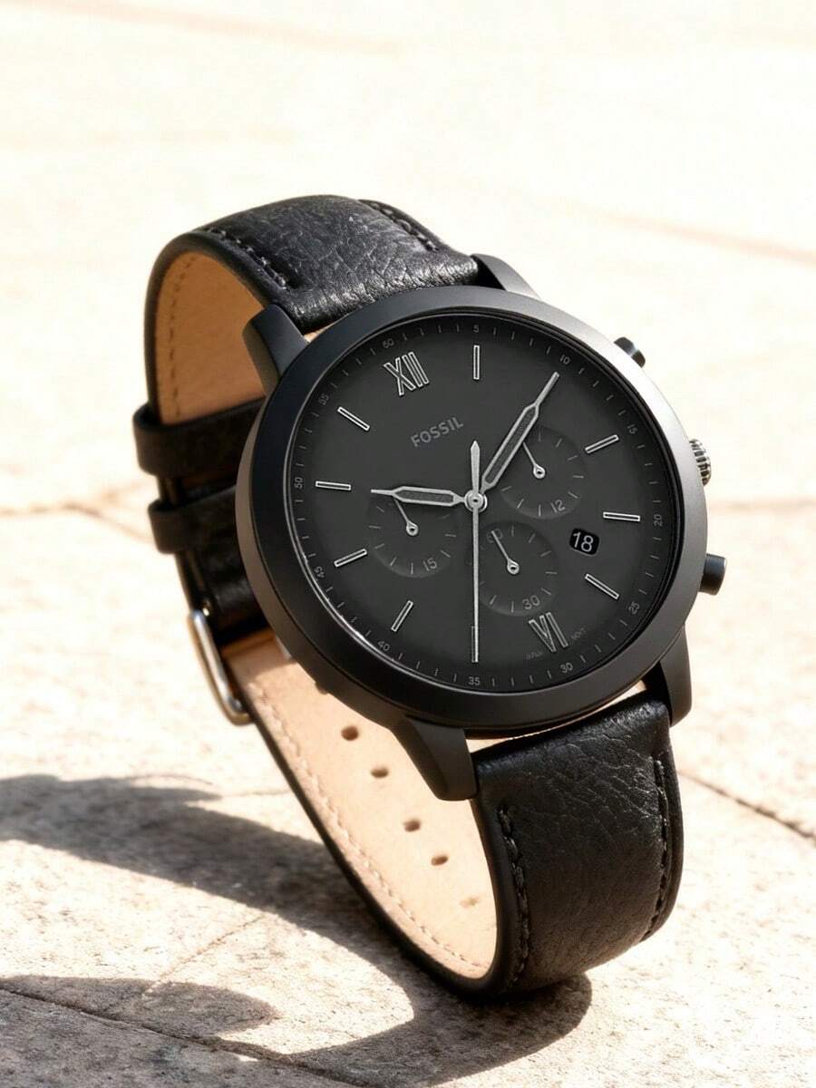 Fossil 男士腕表，男士极简全黑计时腕表，哑光皮表带，罗马数字表盘商务腕表 FS5503 - 黑色 - 查看 1