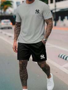 New York City NY 2-Piece Set - Men's 100% Cotton T-Shirt + Lightweight Comfortable Tactel Shorts - Men's Streetwear Fashion - New Arrival - Immediate Shipping - 灰色 - 查看 2
