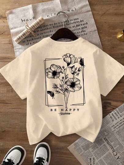 [Casual T-Shirt] Plus Size Casual T-Shirt For Women In Summer | Floral And Butterfly Print, BE HAPPY, Casual Crew Neck, Double-Sided Print, Short Sleeve, Women's T-Shirt, Plus Size Summer Clothing, Loose T-Shirt For Curvy Women, Summer Top, Fashionable Top, Women's Top, Summer Top, Women's T-Shirt, Shirt, Summer T-Shirt, Valentine's Day, Women's Valentine's Day Clothing, Women's New Year Clothing