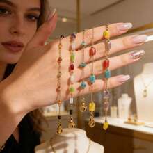 女士不锈钢天然石串珠项链 - 低过敏防水链条，搭配色彩缤纷的玛瑙、绿松石、红玉髓和紫水晶珠子，波西米亚简约风，适合日常佩戴、海滩度假、派对聚会及作为礼物，长度可调节，配有龙虾扣，可叠戴打造层次感造型。 - 金色 - 查看 1