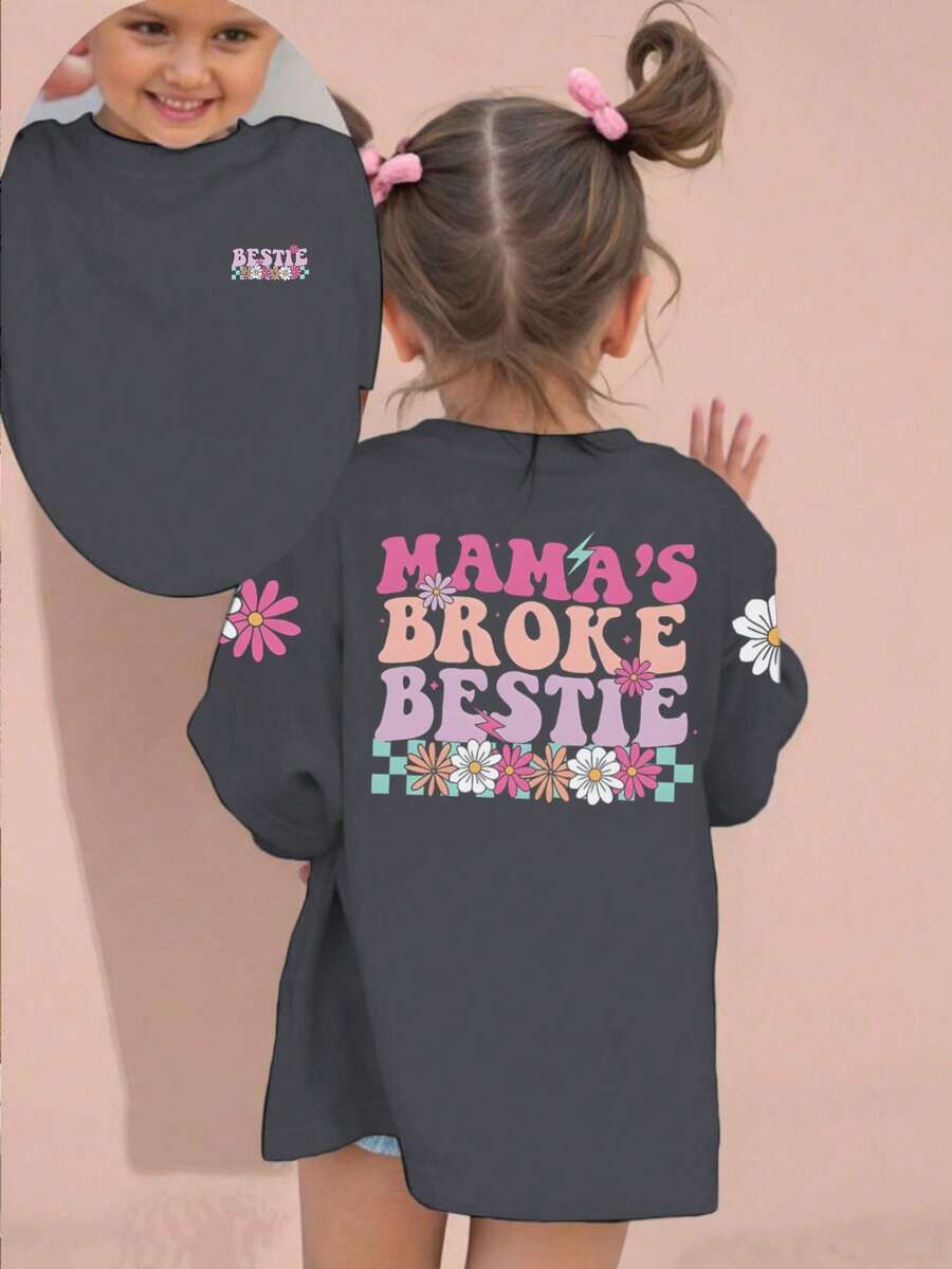 1 件幼儿女童休闲印花圆领短袖 T 恤，夏季儿童服装 - 女婴简单英文字母 T 恤激发想象力和自我表达