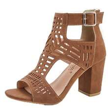 女士凉鞋夏季粗跟搭扣凉鞋女士镂空露趾拉链粗跟高跟鞋 - 卡其色 - 查看 10