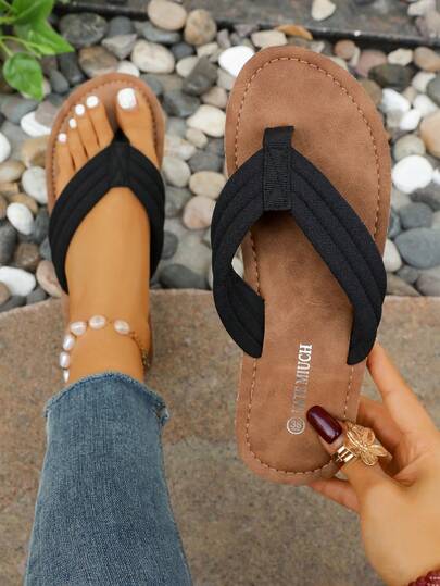 MIUCH New Women's Solid Color Elastic Fabric Flip-Flops, Suitable For Summer Beach, Vacation, Travel, Women's Comfortable Lightweight Breathable Shock-Absorbing Flat Sandals, Casual Slippers