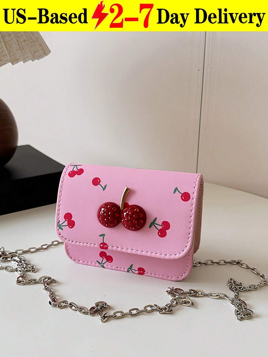 Cute Cherry Print Mini Square Bag, Cute Sweet Mini Lipstick Bag Chain Crossbody,Headphone Bag,Cute Flap-Over Crossbody Purse With Detachable Metal Chain Strap, Small Shoulder Bag For Travel, Parties & Daily Outings, Fits Keys, Lipstick & Coins In Black, Pink, White & Blue[US Local Warehouse]The Best Gift Choice, Birthday Gift, Christmas Gift - 彩色 - 查看 1