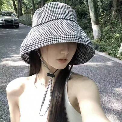 Korean Style Bird Eye Plaid Women's Sun Hat, Lightweight Foldable Wide Brim Sun Protection Hat For Summer