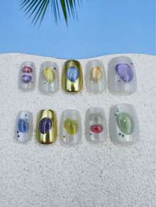 10片装手工美甲贴纸，多色短梯形美甲贴纸，香味法式美甲风格，新年、情人节、UV凝胶美甲、夏季美甲贴纸，可佩戴美甲，优雅设计，高端法式风格，凝胶指甲油，闪粉，猫眼效果，金属光泽，全覆盖假指甲 - 彩色 - 查看 8