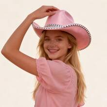 Rivets Metallic Cowgirl Hat Women Men Shiny Western Panama Jazz Hat For Wedding Rave Party Travel Accessories - B-Pink - View 5