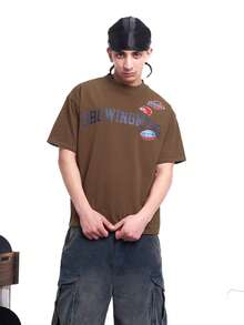 MT99 美式植绒印花圆领橄榄球风格短袖休闲度假衫 - 棕色 - 查看 2