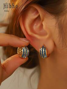 Hihho 1 Đôi bông tai vòng màu vàng và bạc, thiết kế sọc đính đá, bông tai sang trọng, thanh lịch thích hợp cho đi làm và dự tiệc. - Hình cầu 3D - Xem 5