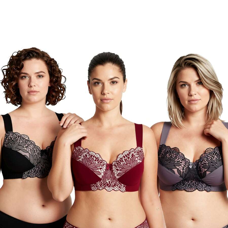 Plus Size Unlined Minimizer Wirefree Bras With Embroidery Lace - Grey,Burgundy,Black(3 Pack) - View 1