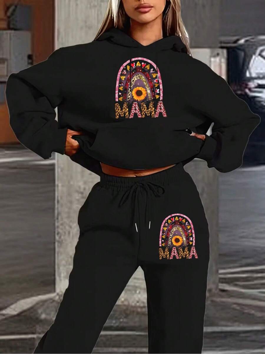 Conjunto de Sudadera con Capucha y Pantalones Deportivos para Mujer Estilo Casual Moda Primavera Verano Diseño Arcoíris con Flores de Girasol y Corazones Patrón Leopardo y Cuadros Colores Vibrantes - Negro - Ver 1